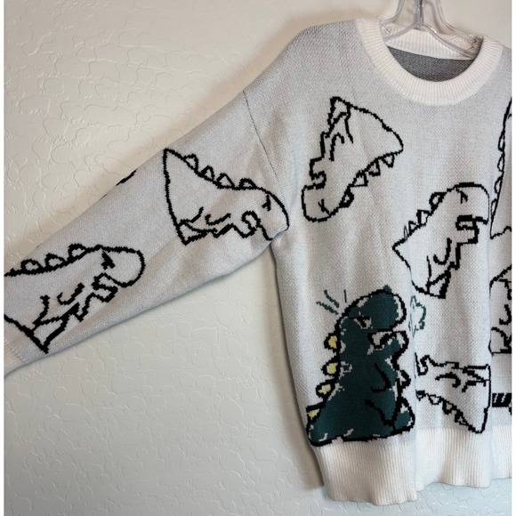 Aelfric Eden Dinosaur Sweater White Black Green Crew Neck Long Sleeve Sz L 2049 - Picture 5 of 5